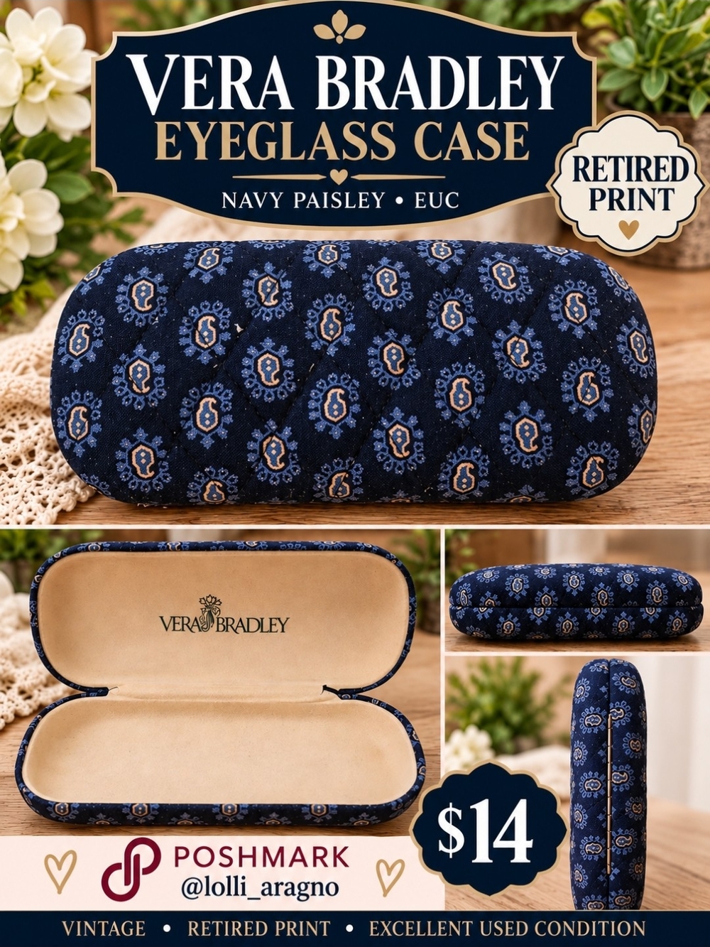 Vera Bradley RETIRED Navy Paisley Eyeglass Case - Blue and Tan Pattern